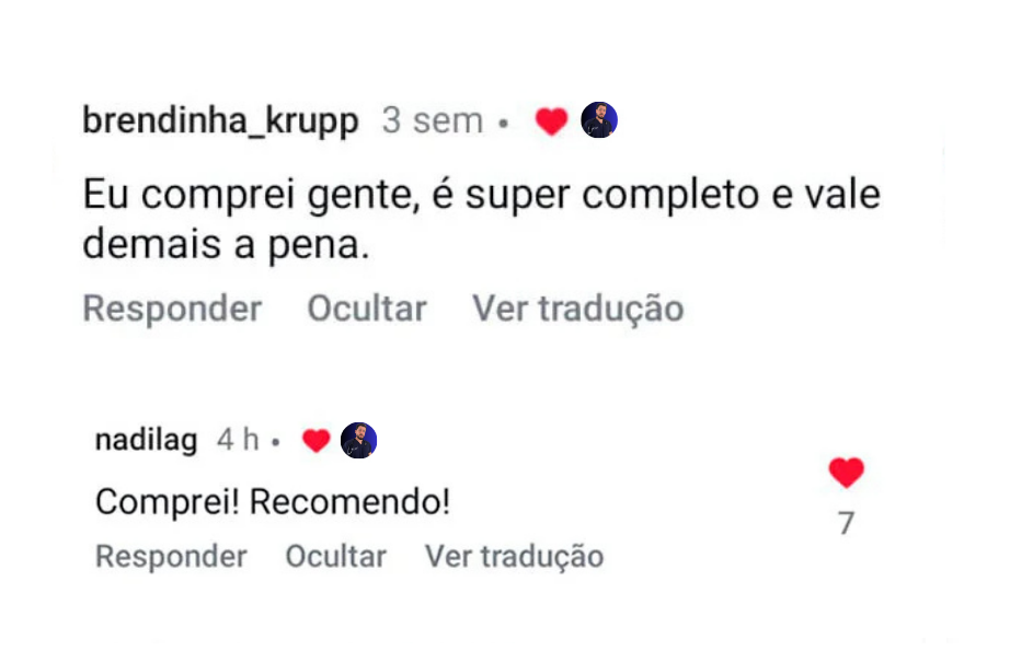 Depoimentos de clientes: super completo e recomendo